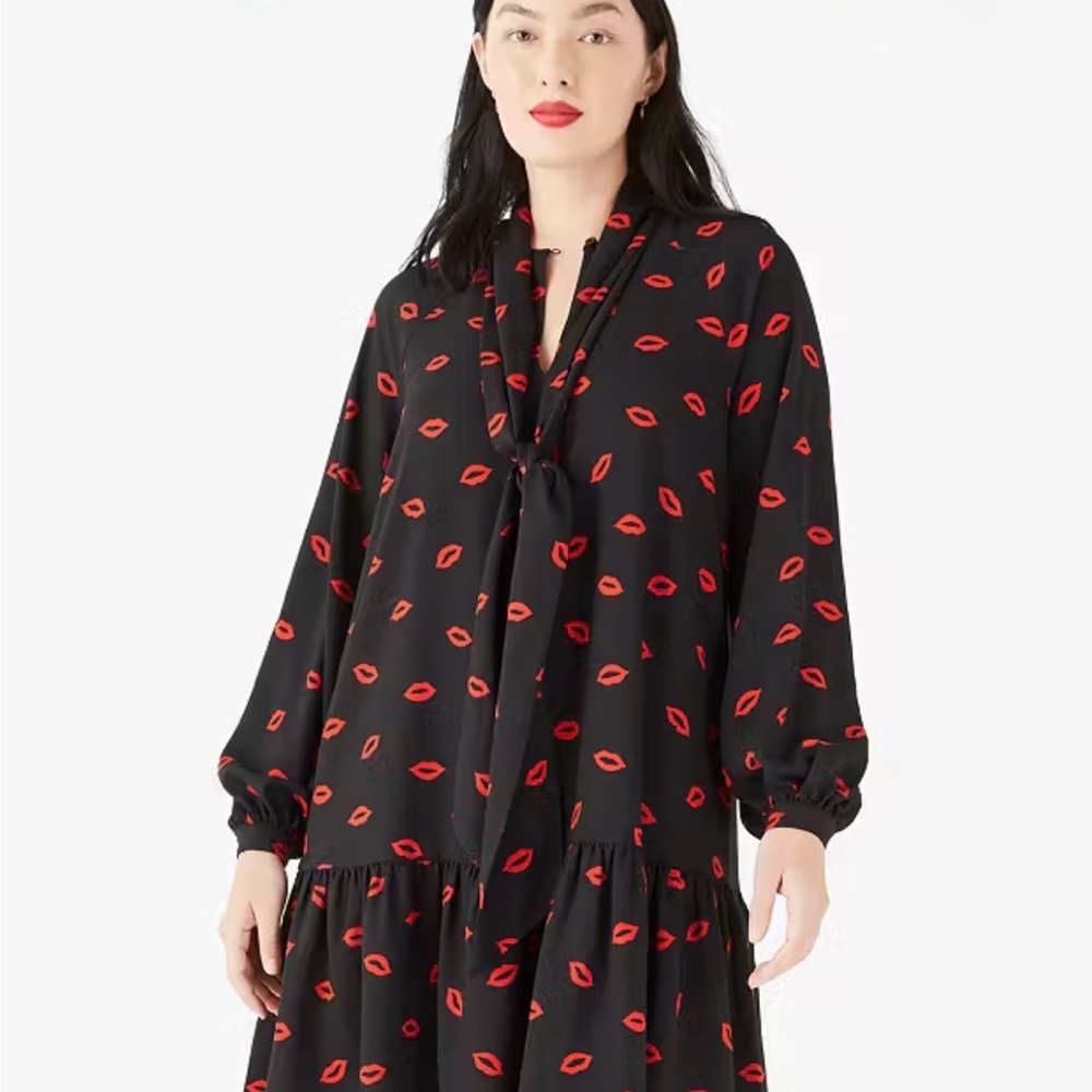 Kate Spade Kisses Tie Neck Ruffle Shift Dress Lips Print Size Small - Picture 4 of 7